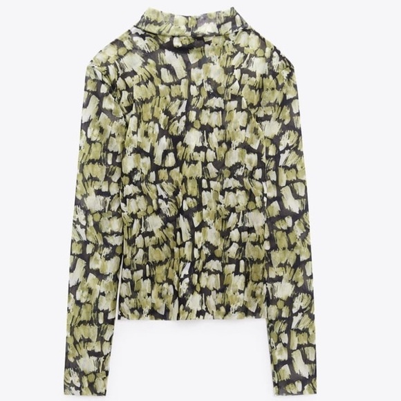 Zara PRINTED TULLE BLACK GREEN Cropped Top sheer SZ M - Picture 4 of 10